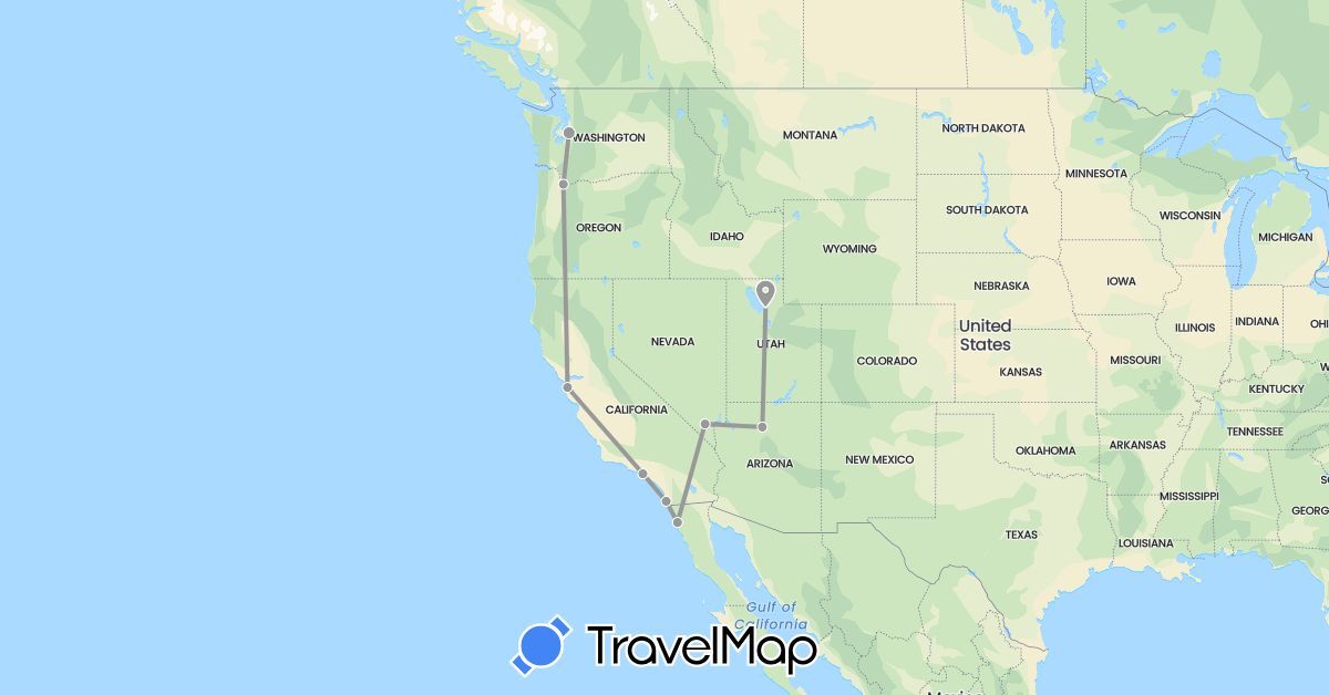 TravelMap itinerary: driving, plane in Mexico, United States (North America)